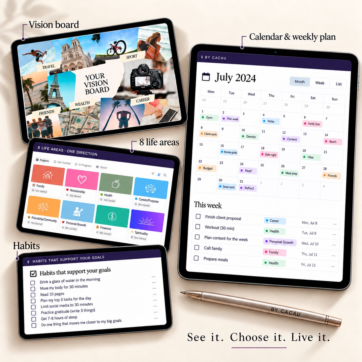 Vision board, eight life areas, habits, and calendar with weekly plan on tablets