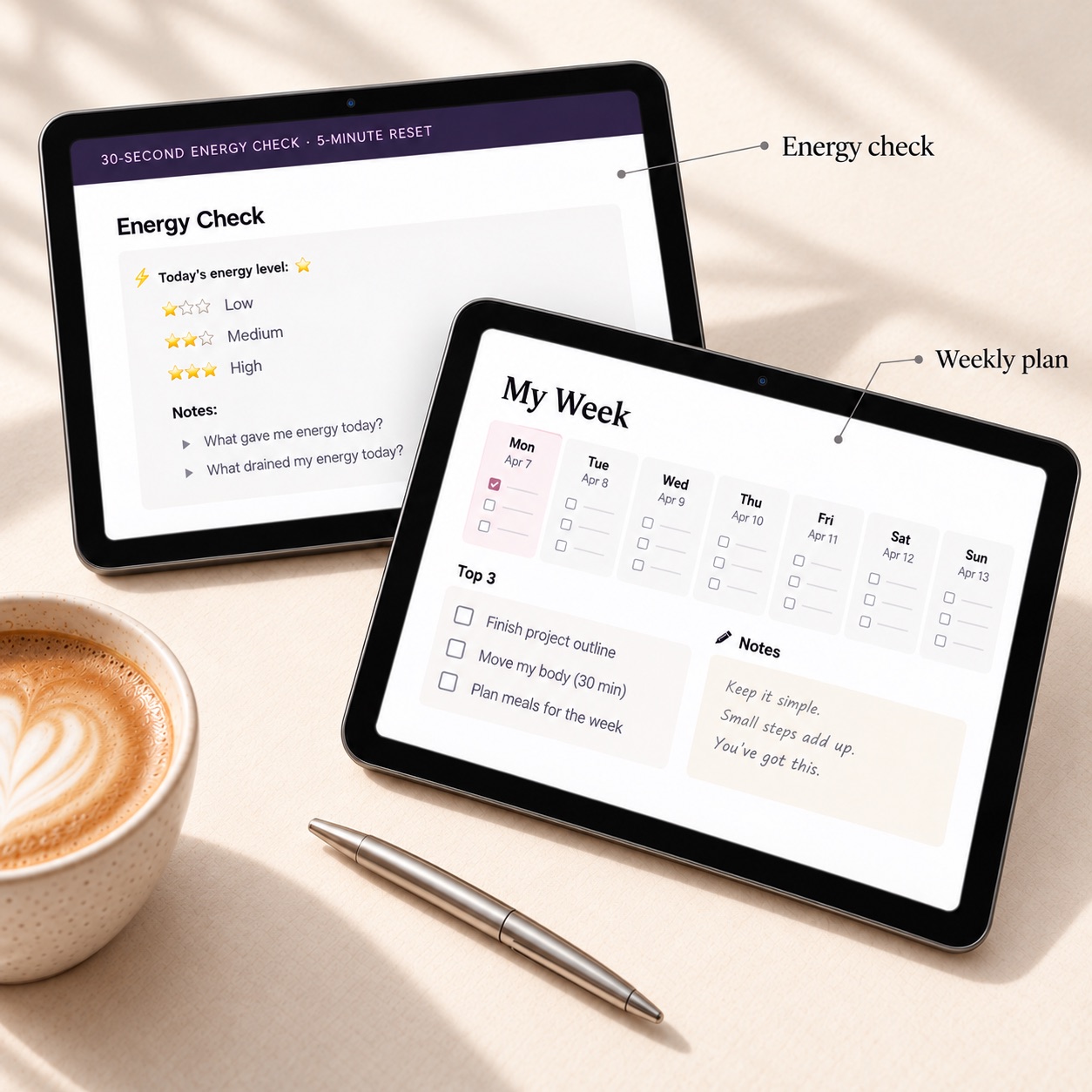 Energy check and weekly plan on tablets