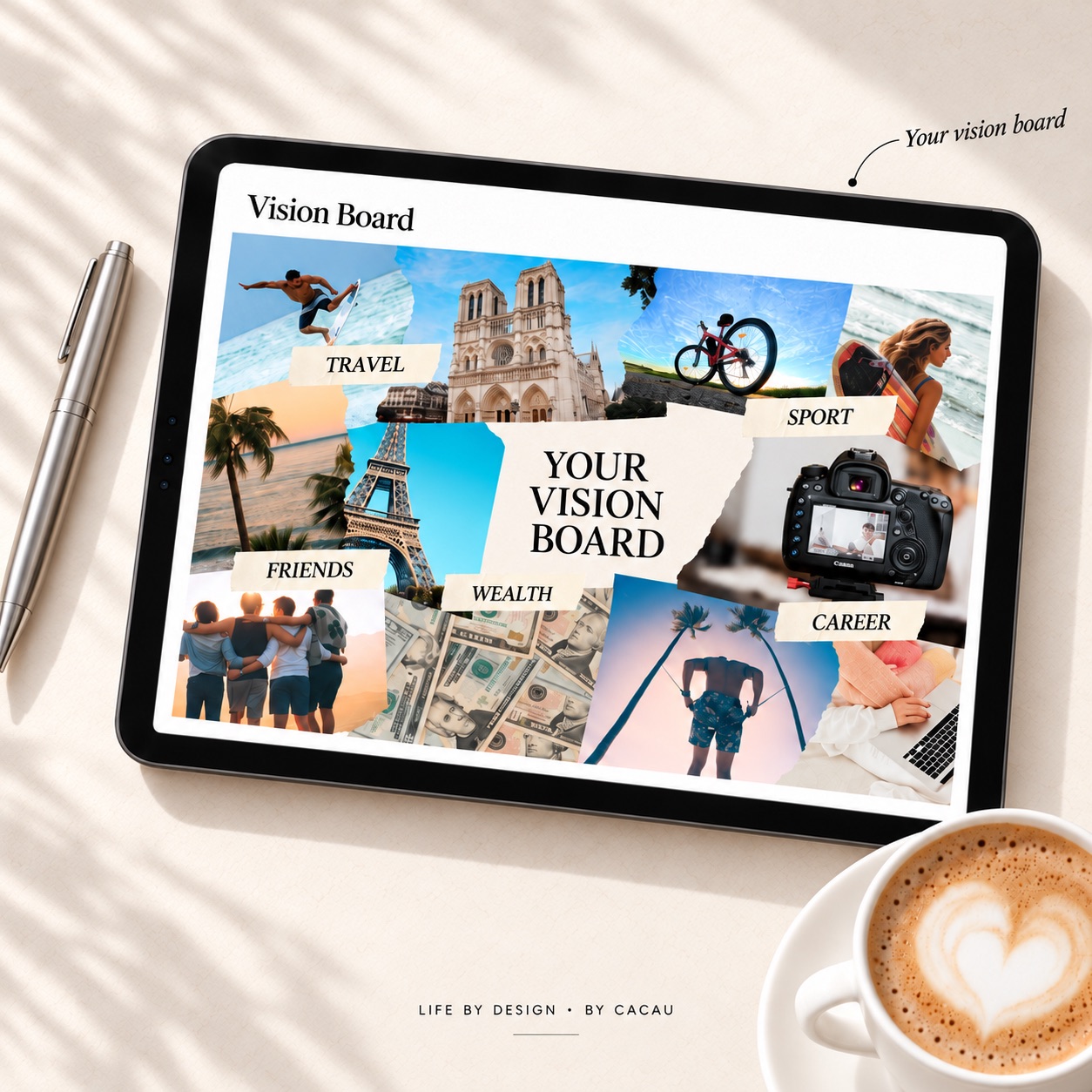Vision board on a tablet with travel, sport, friends, wealth and career photos